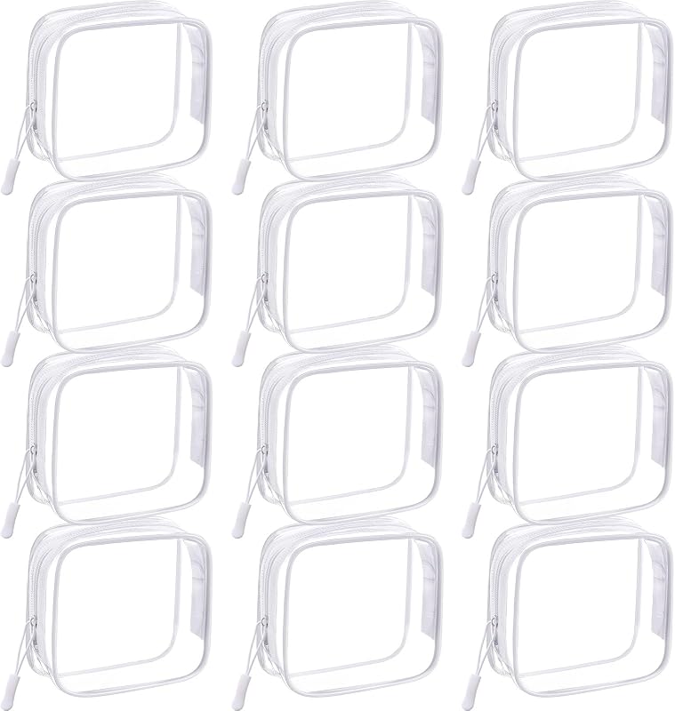 12 Pcs White Clear Cosmetic Makeup Bags with Zipper Tsa Approved Pouches Bulk for Travel Transparent PVC Waterproof Carry Pouches Organizer Case for Men Women