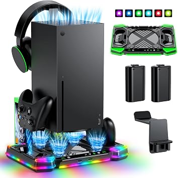 MENEEA Upgraded Charger-Stand Cooling-Fan for Xbox Series X, Dual Wireless Charger Dock Cooler System for Xbox Controller& Console,Accessories with 11 RGB Light Modes,2x1400mAh Rechargeable Batteries