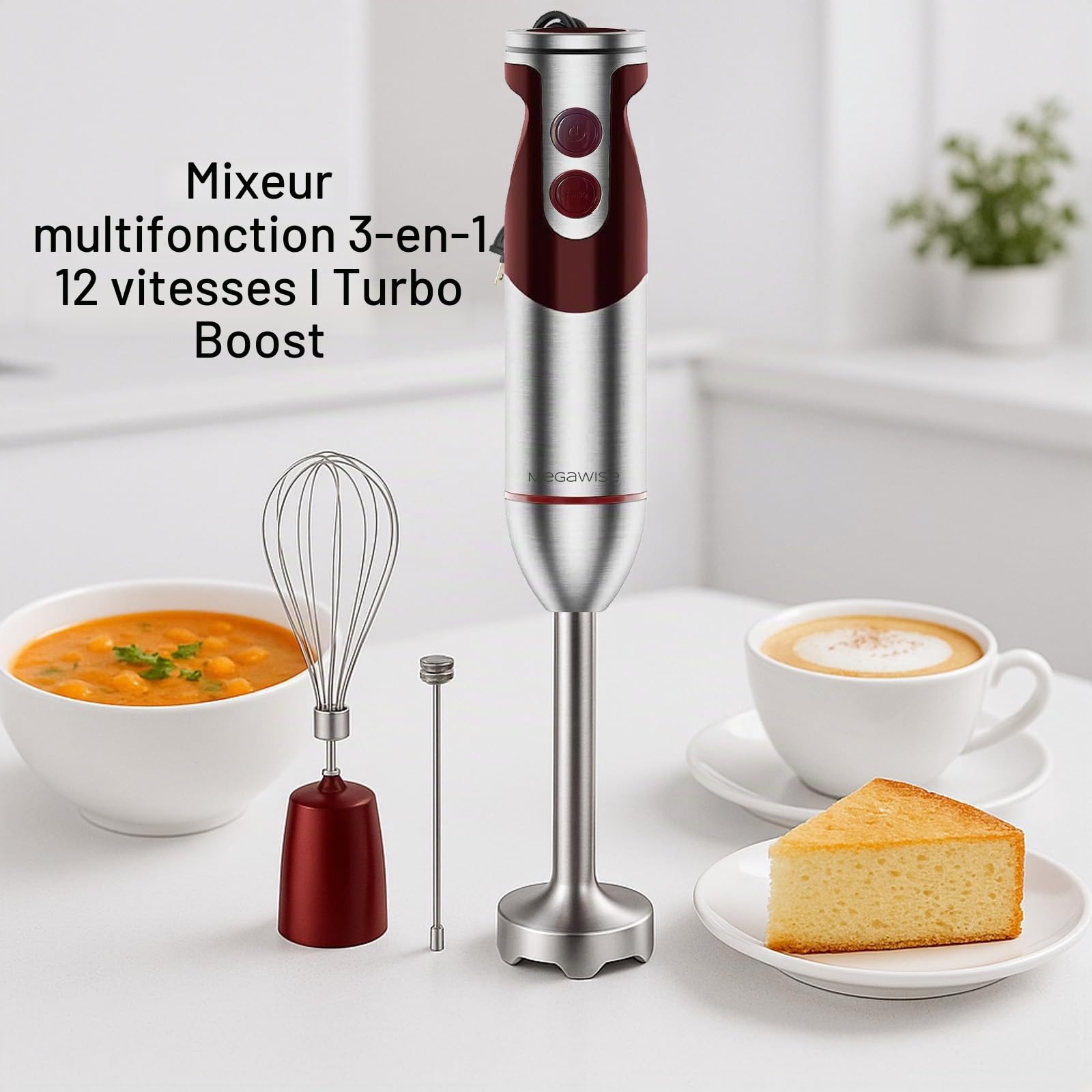 Megawise Pro Titanium Enhanced 3 - en - 1 immersion cordon mélangeur à main puissant moteur avec 80% de lames tranchantes 12 vitesses cordon mélangeur y compris Whisky & MILK CREAM (3 - en - 1 rouge)