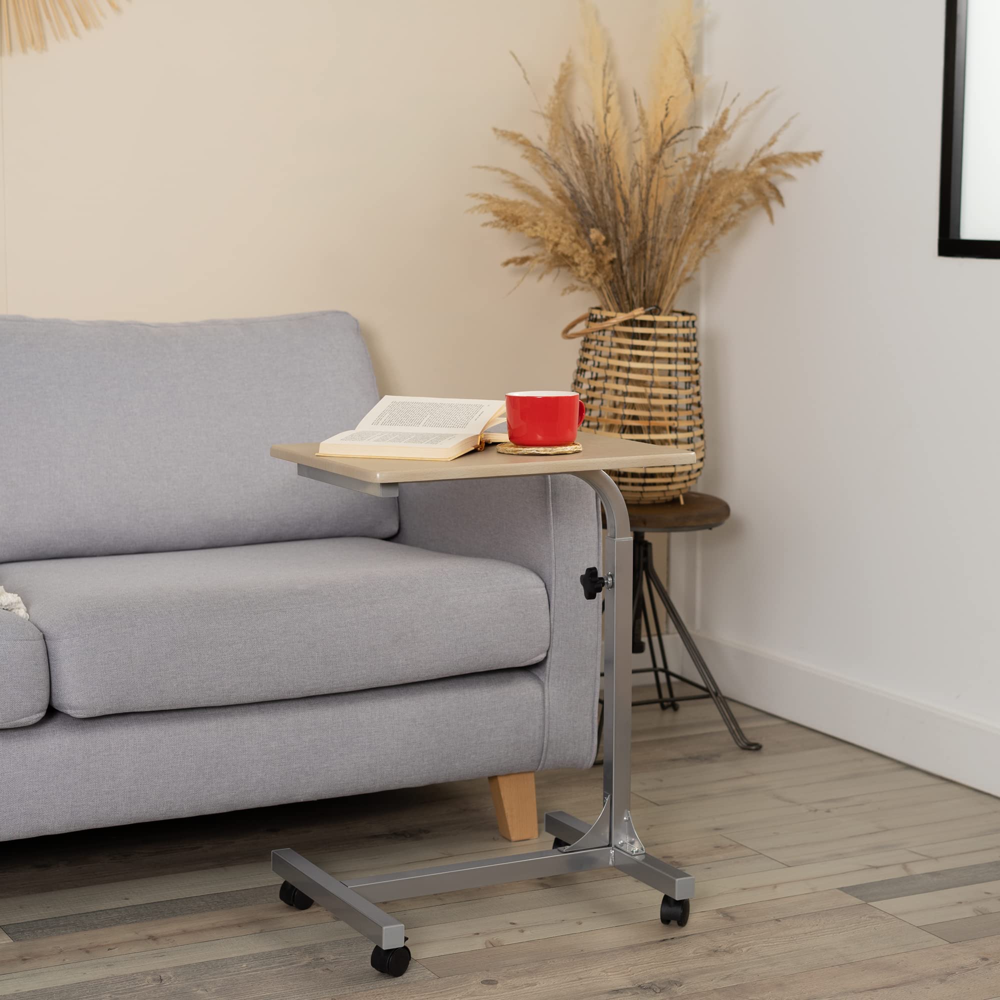 MEUBLE COSY Table de Lit pour Ordinateur Portable Hauteur Réglable Bout de canapé avec 4 roulettes Verrouillables Support PC pour Salon Bureau Chambre Bureau , Métal, Chêne, 48x37x79 cm