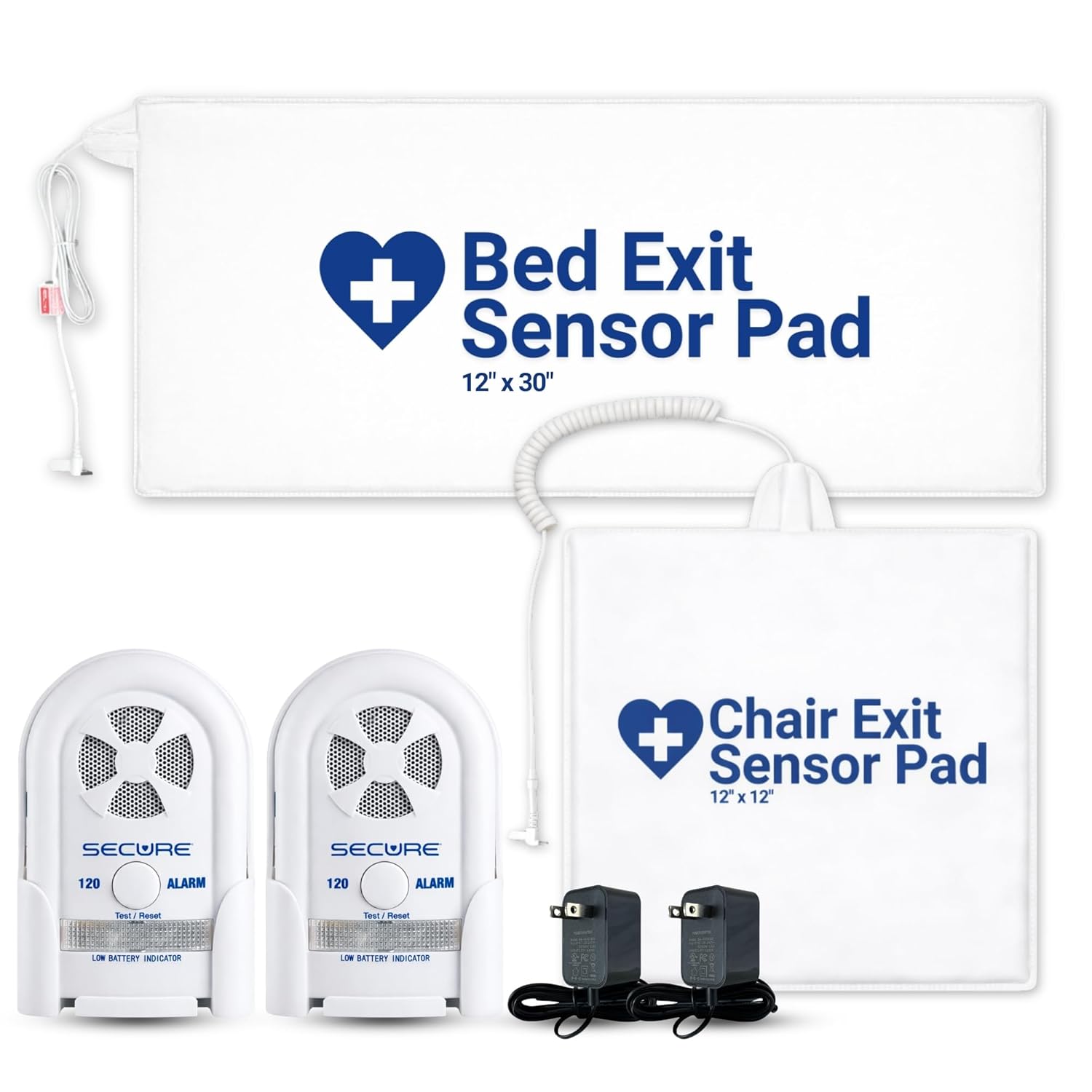 Secure Safety Solutions Chair and Bed Alarm for Elderly Adults - Two Alarm Monitors with Power Adapters, and Sensor Pads - Hospital-Grade Caregiver Alert System for Seniors, Dementia, Alzheimer’s