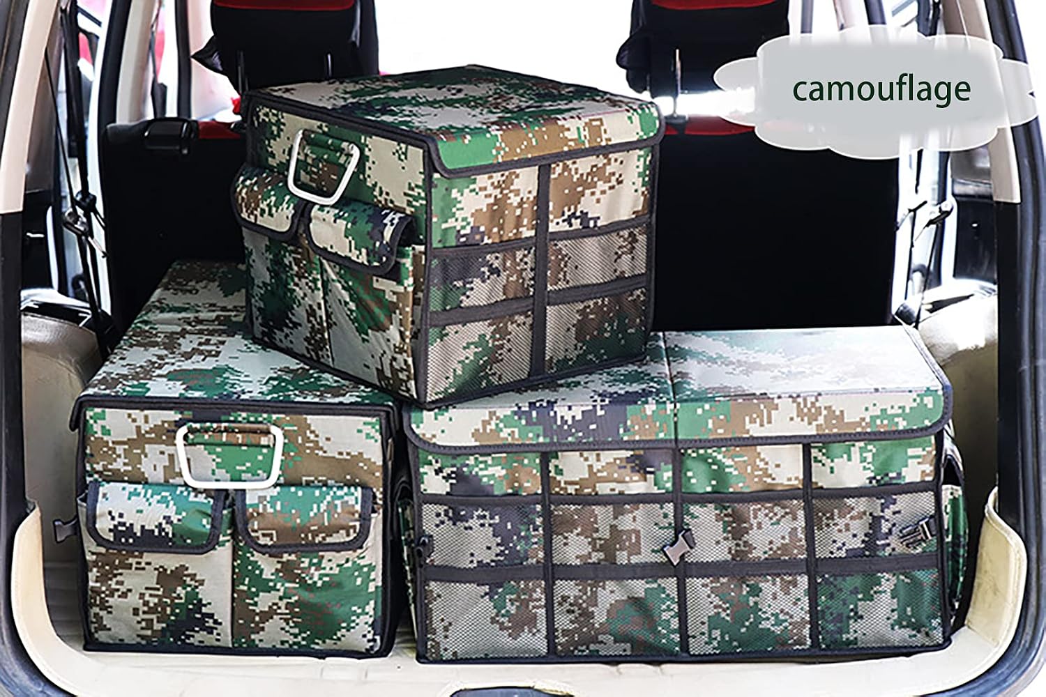 Two Pieces Car Trunk Organizer 1680D Oxford Cloth Premium Collapsible/Foldable Cargo Trunk Storage Organizer with Compartments Large Capacity for Car SUV Truck(Color:Camouflage) image 3
