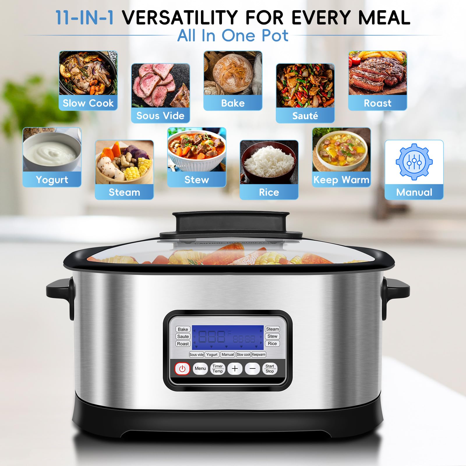 Slow Cooker programmabile, 11-in-1 Multi Cooker Electric, 6.5 Quart 1500 W Nonstick Inner Pot with Timer, Temp Control & Dishwasher Safe Glass Lid, Stainless Steel