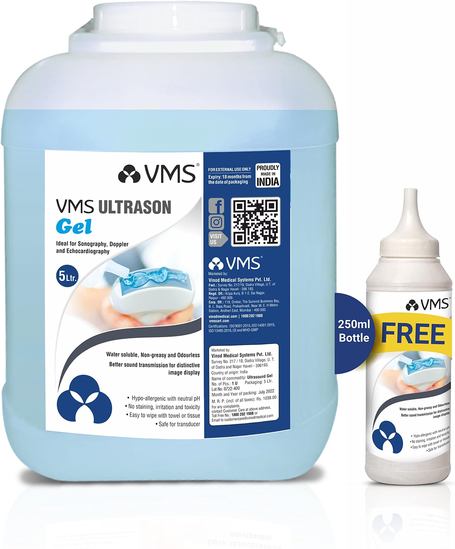 Ultrason/Physiotherapy Ultrasound Gel 5 Litre Jar (Blue) with free 250 ml ultrasound gel