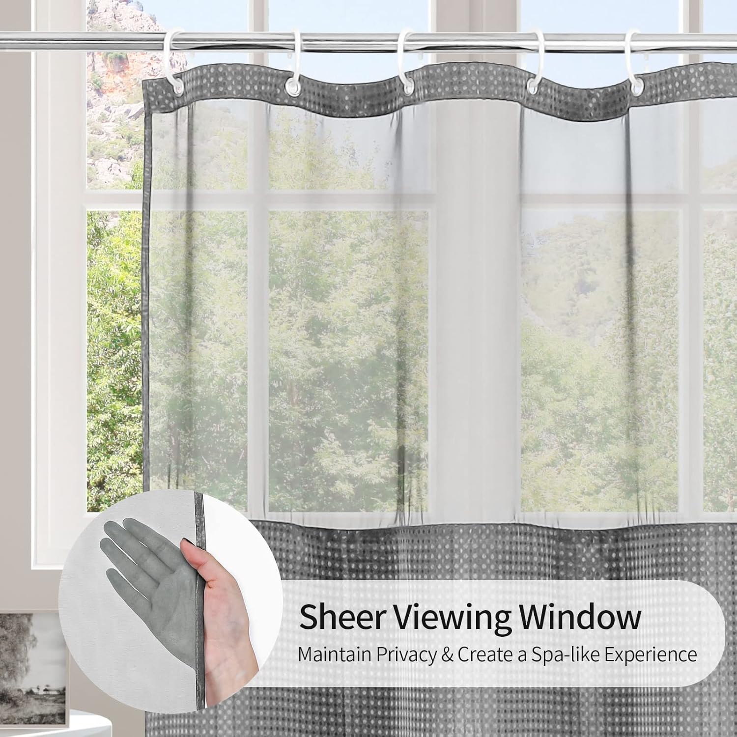 MitoVilla Grey Shower Curtain Hooks Rings and 72" x 78" Grey Long Shower Curtain with Snap-in Line for Bathroom Decor, 2 Item Bundle