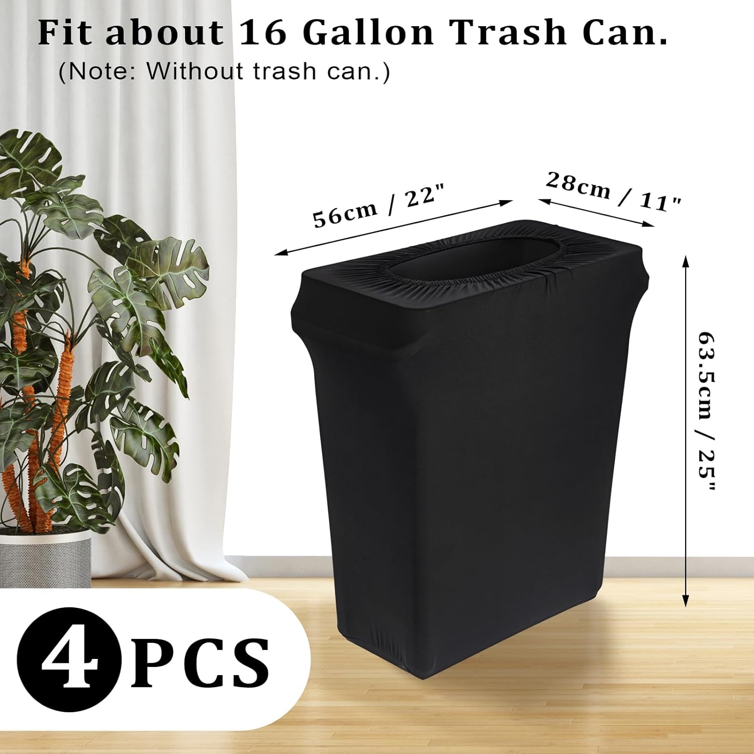 BSTKEY 16 Gallon Stretch Spandex Trash Can Cover, 4 Pack Outdoor Fitted Waste Container Cover Rectangular Garbage Can Covers for Kitchen Wedding Party Classroom Decor, Without Trash Can (Black)