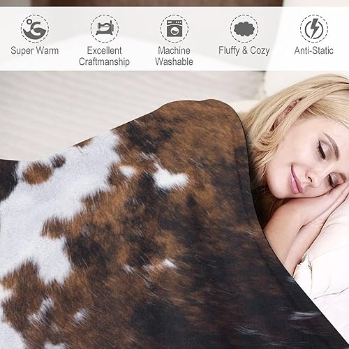 Miniatura 4 de Manta de forro polar con estampado de vaca, piel de vaca marrón y blanca, estilo rústico occidental, para todas las estaciones, franela suave y