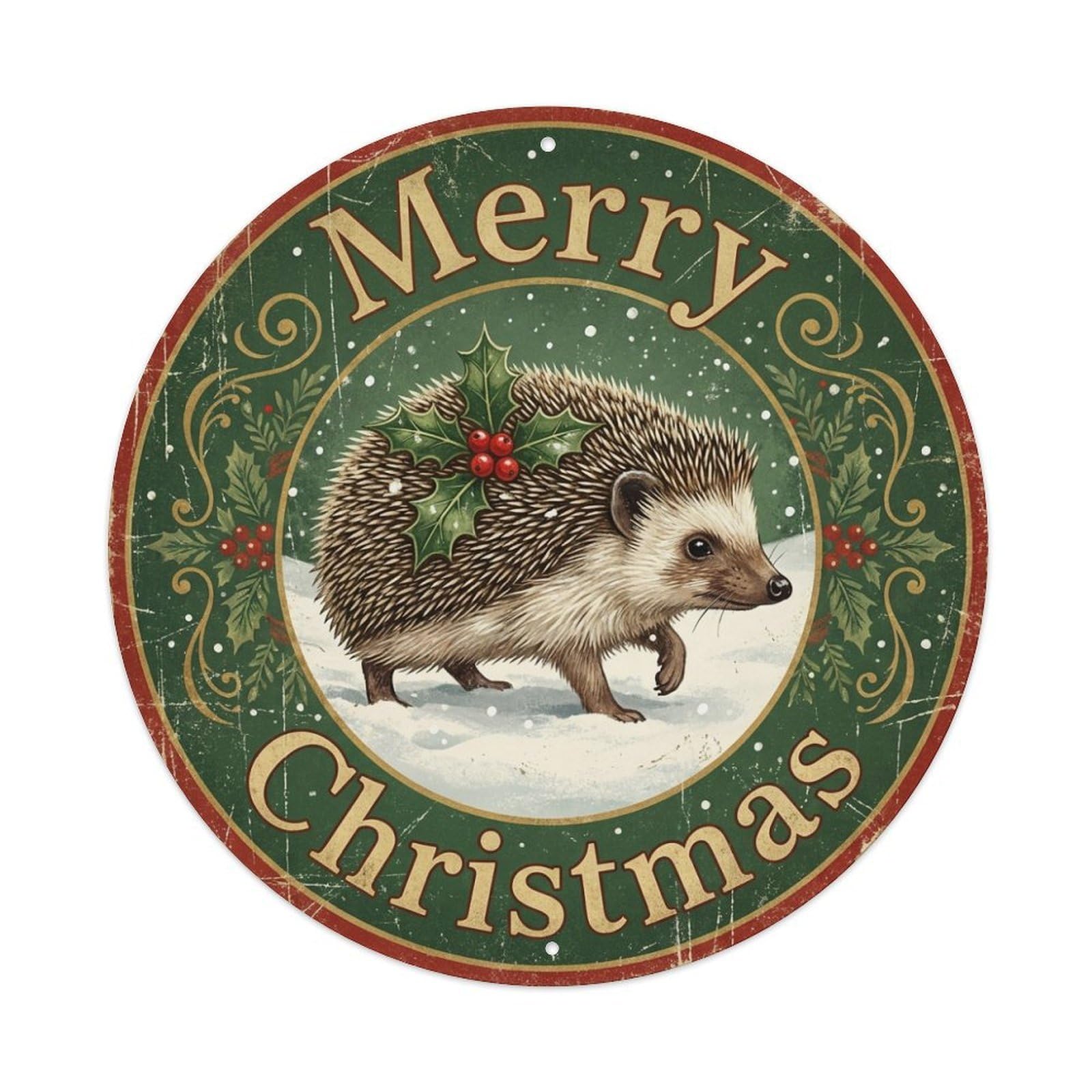 Merry Christmas Hedgehog Holly Leaf Metal Tin Sign