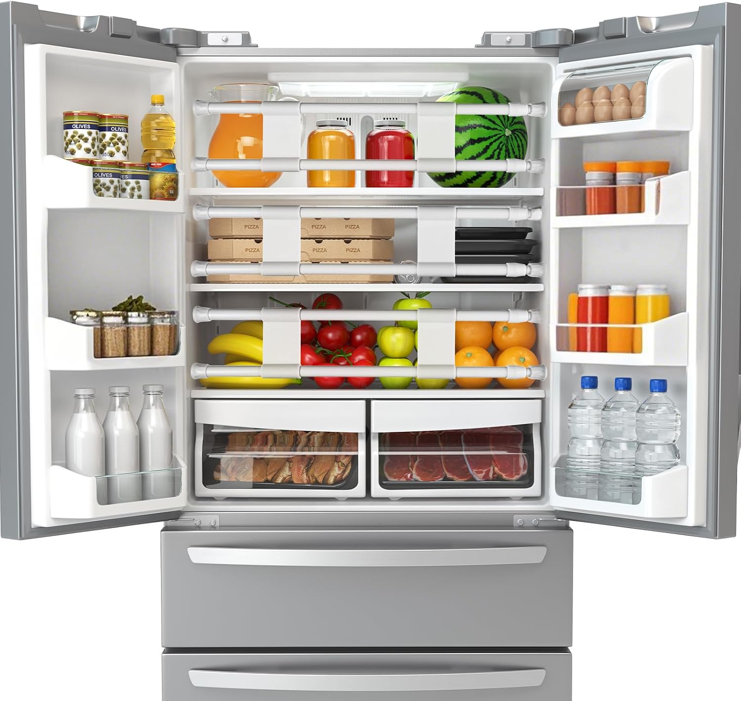 Tallew 4 Sets Double Rv Refrigerator Bar Adjustable Spring Tension Fridge Rod Rv Refrigerator Accessories, Fridge Bars for Holding Food Drinks in Place, 15.8-27.6 Inch, White