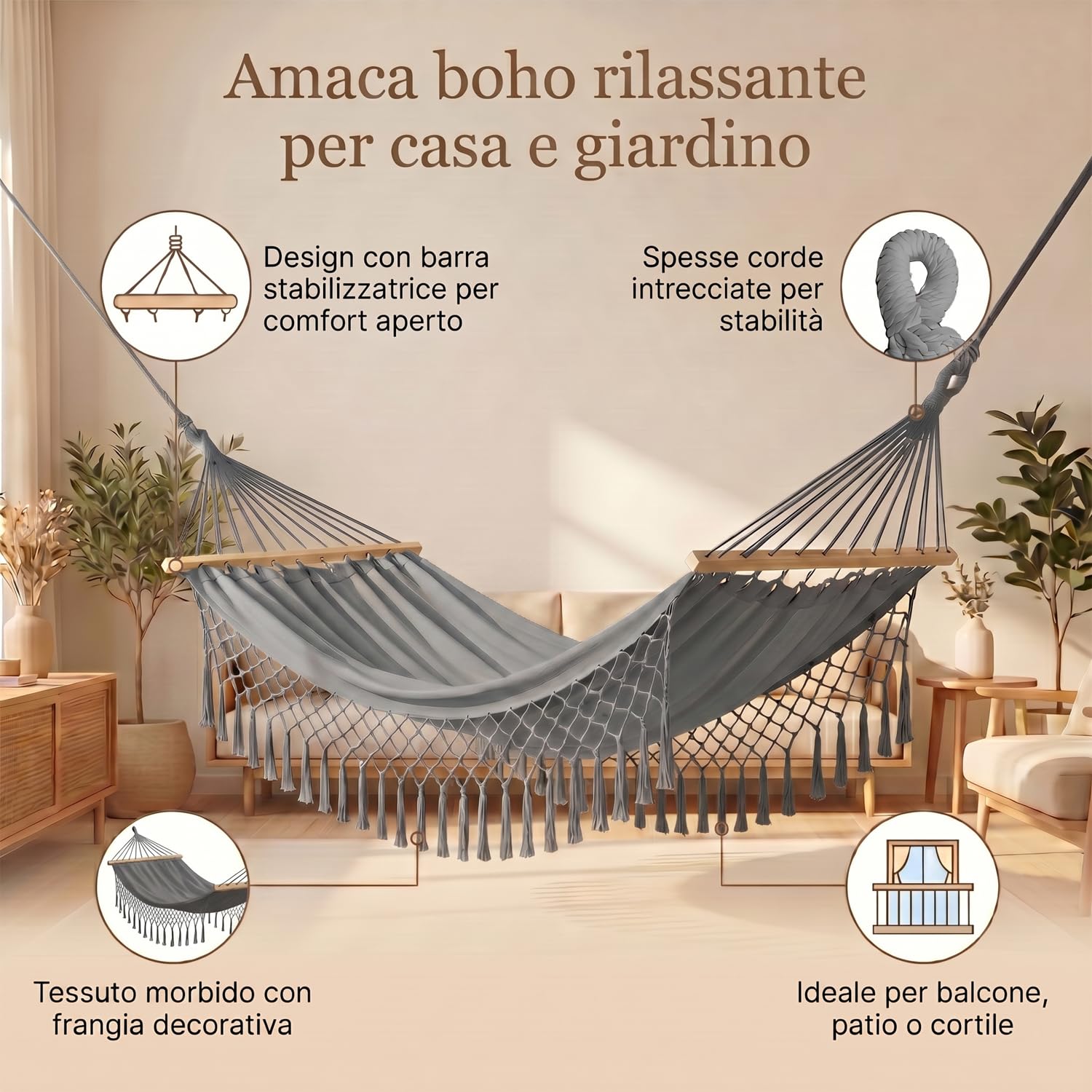 Marvin Amaca da Giardino Indonesia, Letto Dondolo da Esterno Campeggio, Barre di Legno, in Cotone Tessuto Resistente (GRIGIO 200x150)