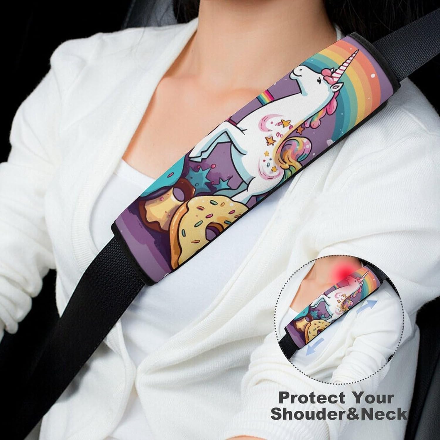 2 PCS Super Soft Car Seat Belt Pad, Cute Unicorns Doughnut Rainbow Printed Waterproof Sweat-Absorbing Seat Belt Covers Backpack Shoulder Pad for All Car Seats Baby Strollers