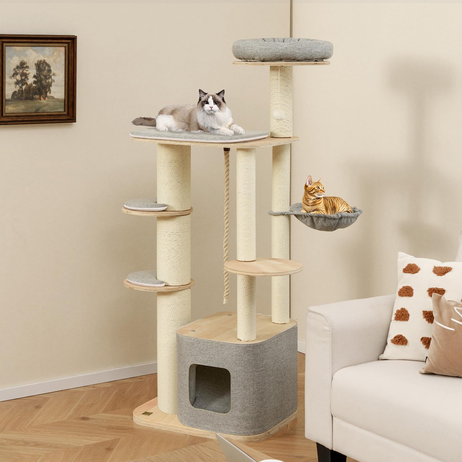 PETSITE 63 Inch Wooden Cat Tree, Multi-Level Cat Tower with Scratching Posts, Cat Condo, Side Hammock, Dangling Ball, Washable Cushions, and Sisal Rope, Modern Cat Tree Tower for Indoor Cats