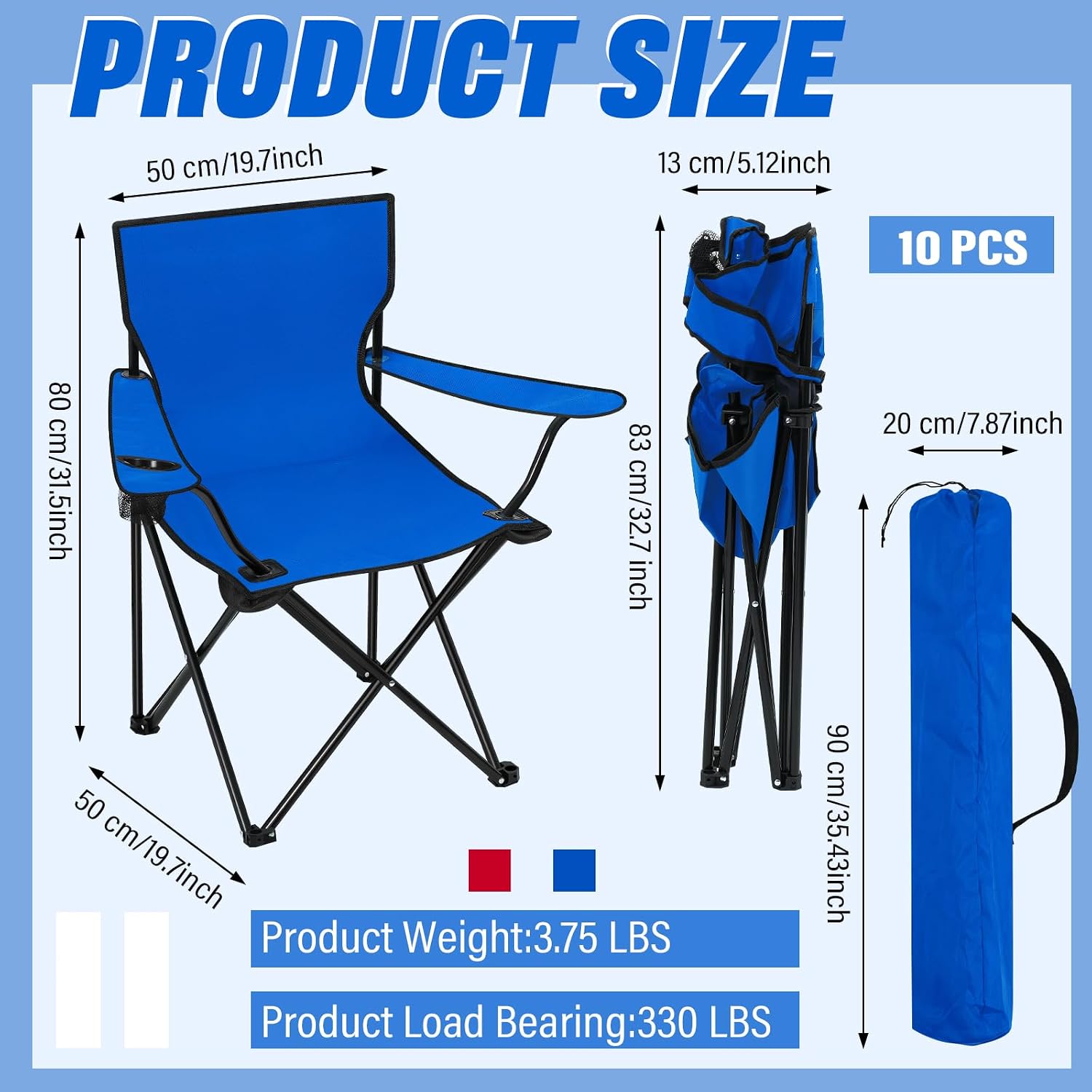 huwena 10 pack folding camping chairs with cup holder and carry bags, portable outdoor lawn chairs bulk for picnic party backyard events beach outdoor activities blue, red