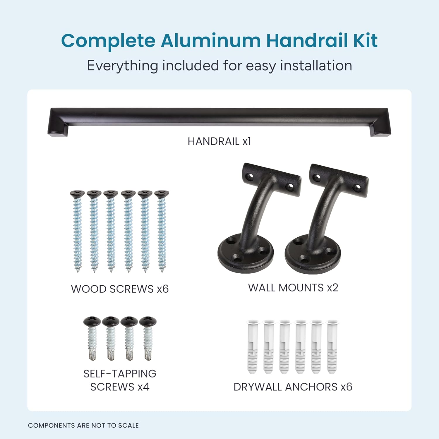 Complete Aluminum Handrail KIT - Wall Mount Brackets with Hardware, Indoor & Outdoor, Powder Coated, Comfortable Grip, Stronger ADA Design, Stylish Look (Black Textured, 3' Length)