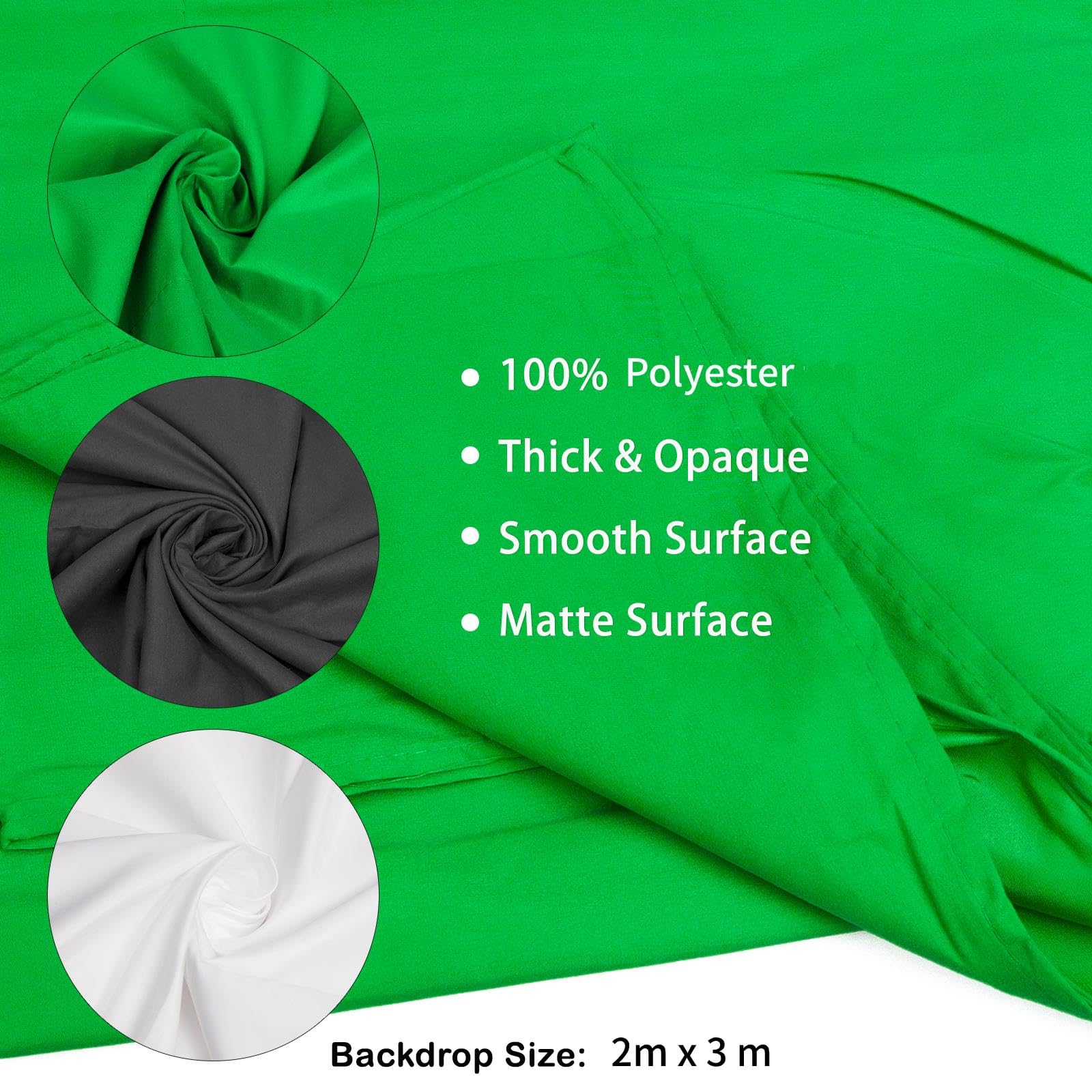 Kit di supporto regolabile per sfondo con sfondo verde bianco nero da 2 x 3 m, 8 morsetti e 2 sacchi di sabbia, sistema di supporto per studio fotografico, video, ritratti, riprese Porduct