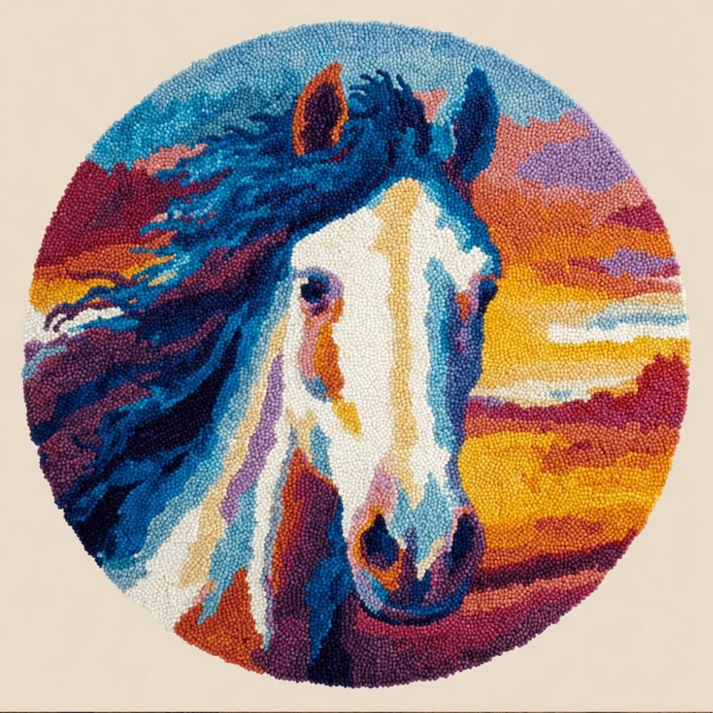 Round Latch Hook Rug Kits Horse For Adults And Starter 50*50Cm