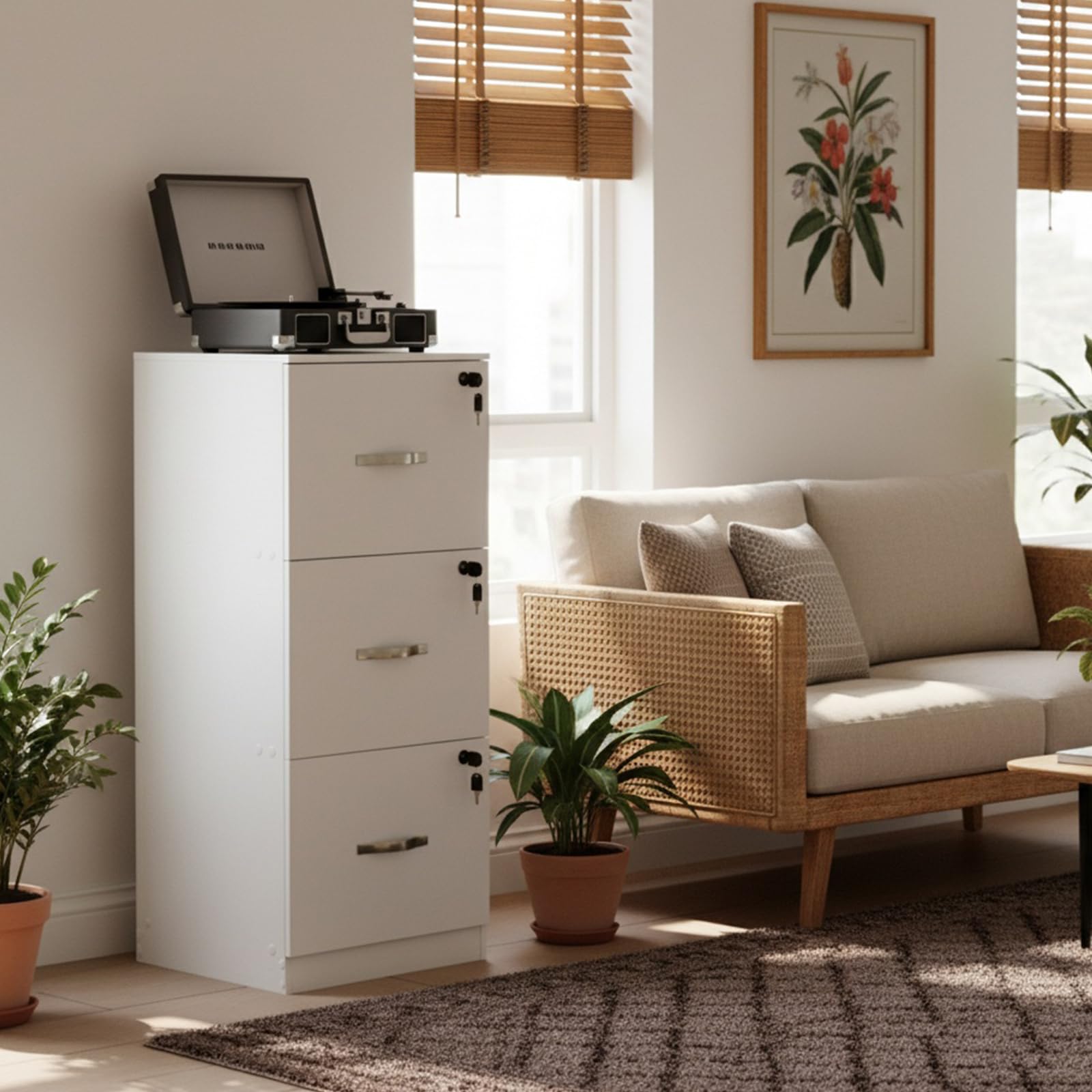 Caisson de Rangement, Meuble Bureau 3 Tiroirs, Verrouillable Armoire Meuble de Rangement Bureau 103.5 cm Hauteur pour Dossiers Suspendus, Papier Administratif, Imprimante, Format A4, Blanc