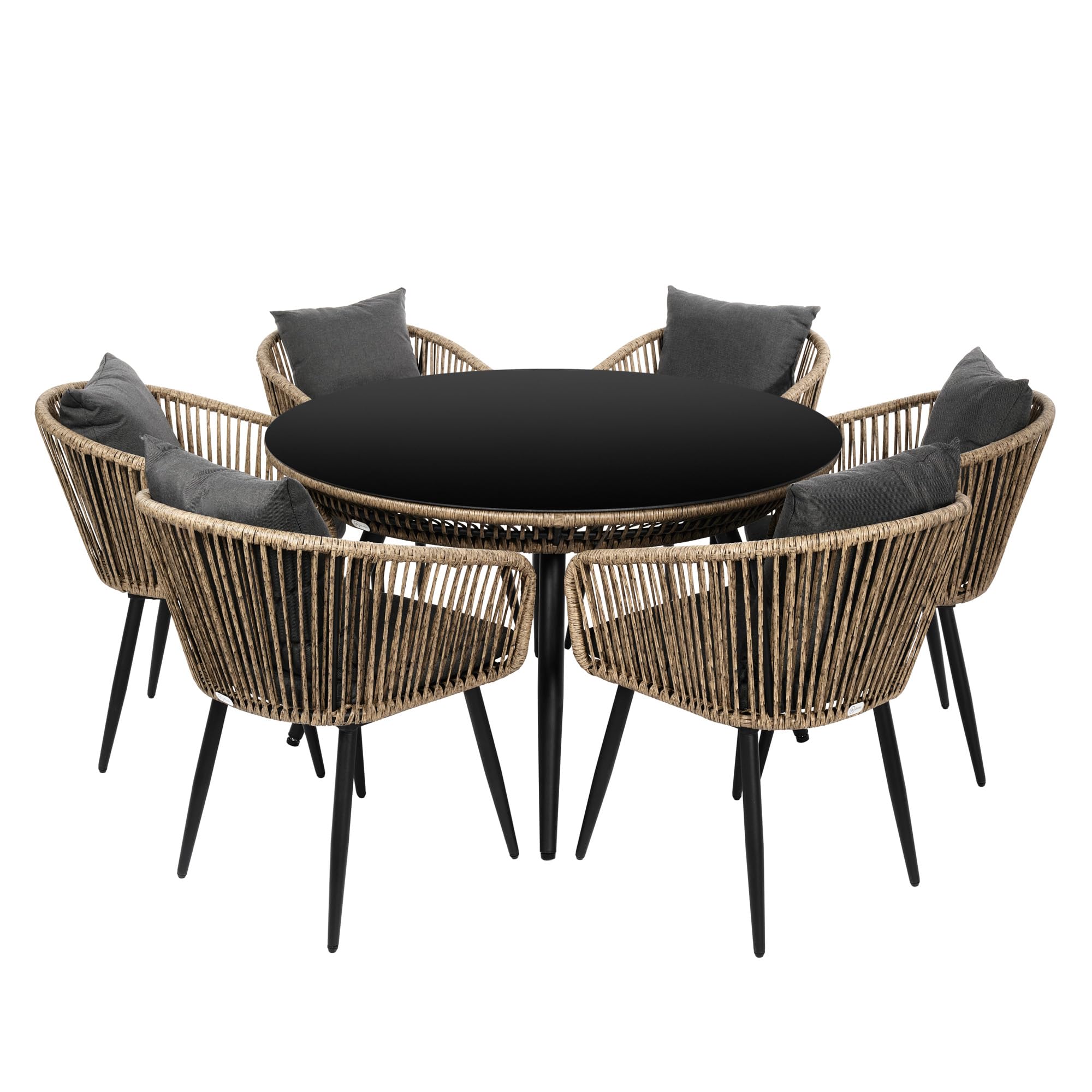 di volio Gartenmöbel Set RIETI - Sitzgruppe Outdoor aus Polyrattan, Essgruppe mit 2/4/6 Stühlen und rundem Glastisch, wetterfest (Braun/Grau, 6-Sitzer)