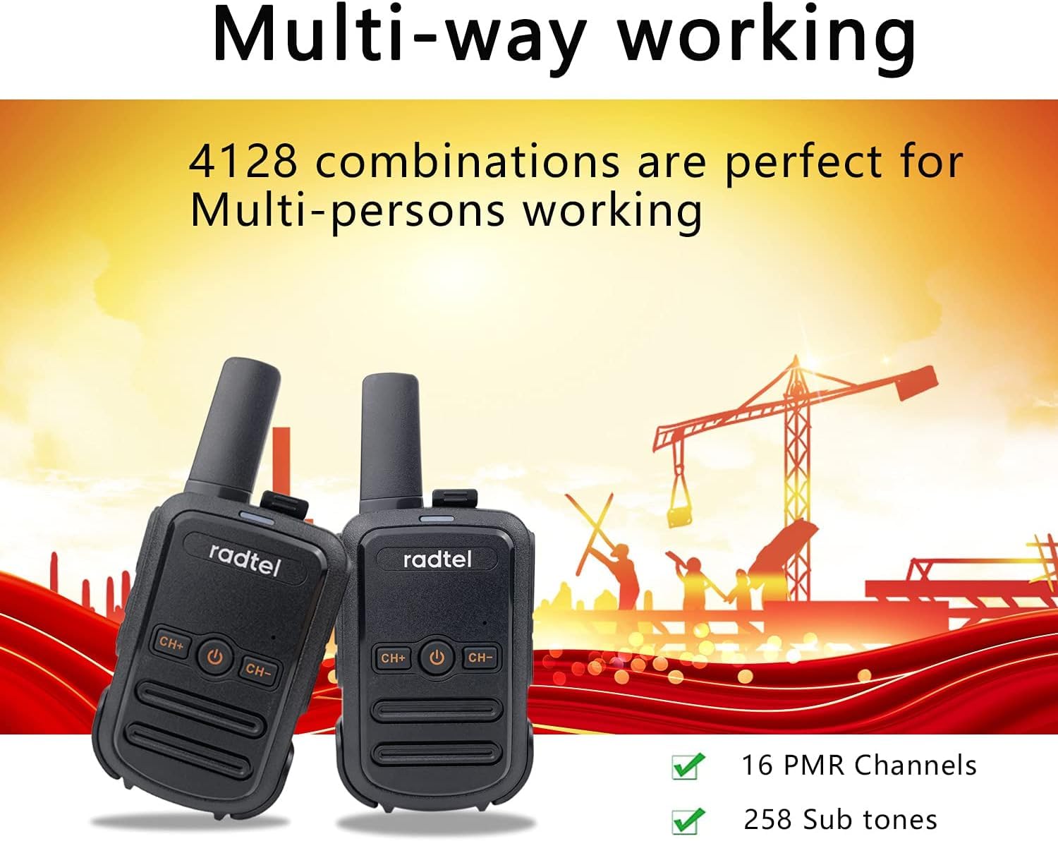 Radtel RT12 PMR 446 Walkie Talkie Recargable 16 Canales de Radio sin Licencia CTCSS DCS Walky Walky Radio con Carga USB para la construcción Restaurante Supermercado（4 Pack） (Negro)