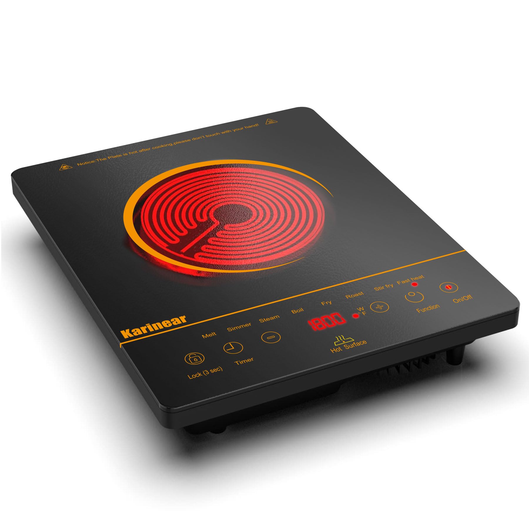 Karinear Placa vitrocerámica 1 fuegos portátil con diseño naranja, 650 °C máx, vitrocerámica 1 placa independiente, 2000W, con enchufe, temporizador, seguro para niños, 220-240V