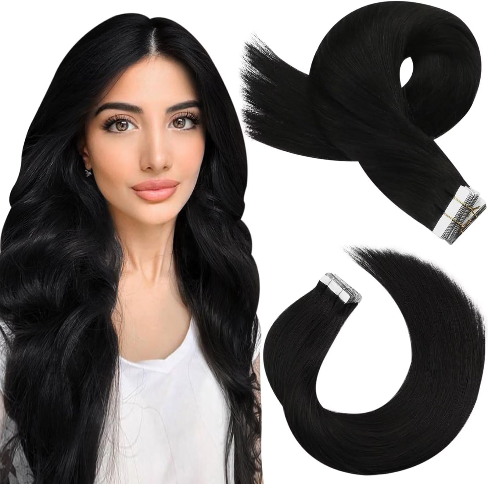 Moresoo Black Tape in Human Hair Extensions Invisible Tape in Extensions Real Hair Natural Black Hair Extensions Human Hair Tape in Seamless Hair Extensions 16 Inch #1B 20pcs 50g