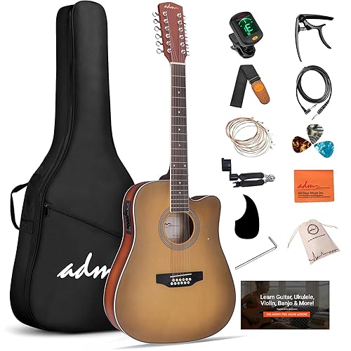 ADM 12 String Guitar, 42” Full Size Acoustic Electric Twelve String Guitar Bundle with 4-Band EQ for Professional Beginner Adults Intermediate, Gig Bag, Picks, Capo, Cabel, Shoulder Strap, Brown