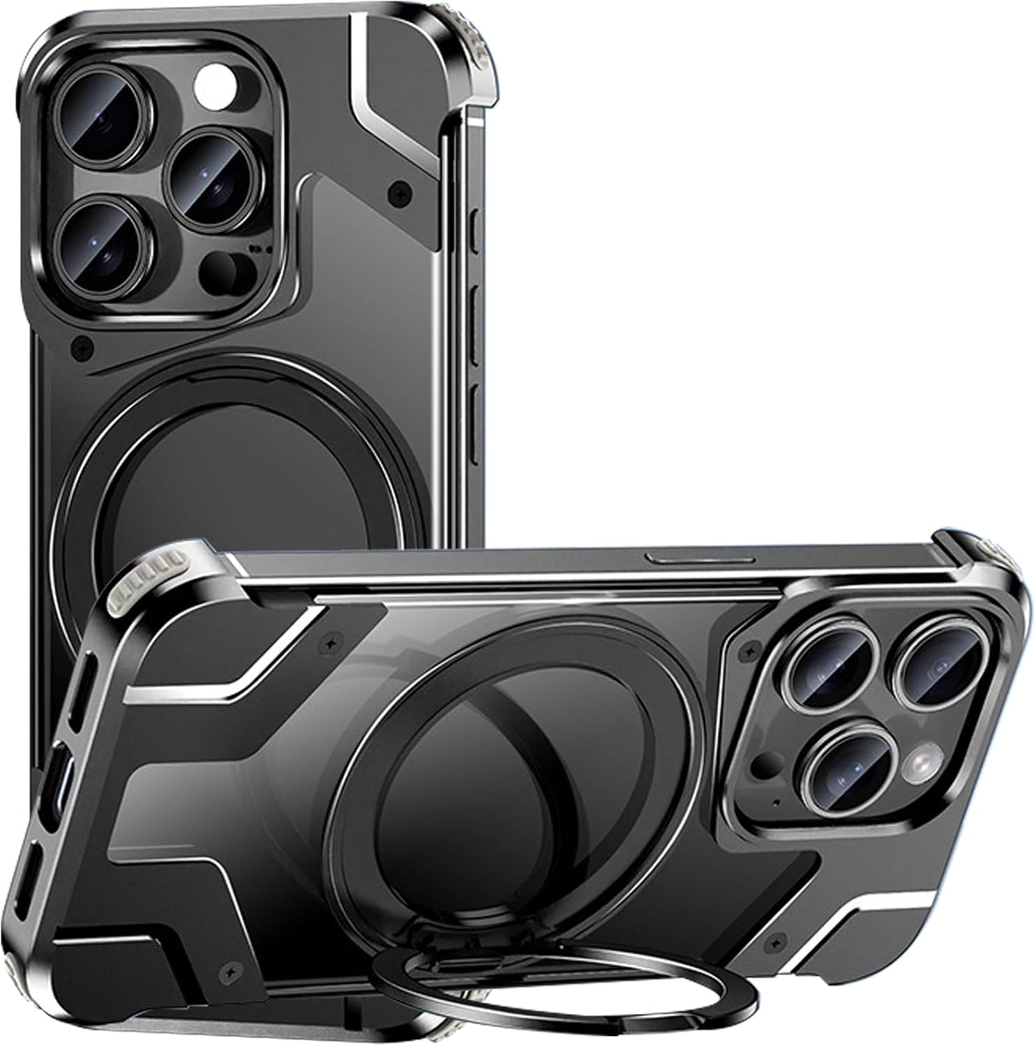 Case for iPhone 16 Pro Max/16 Pro/16/16 Plus, Ultra-Slim Frameless Metal Case with 360° Rotating Stand, Compatible with MagSafe, Slim, Shockproof