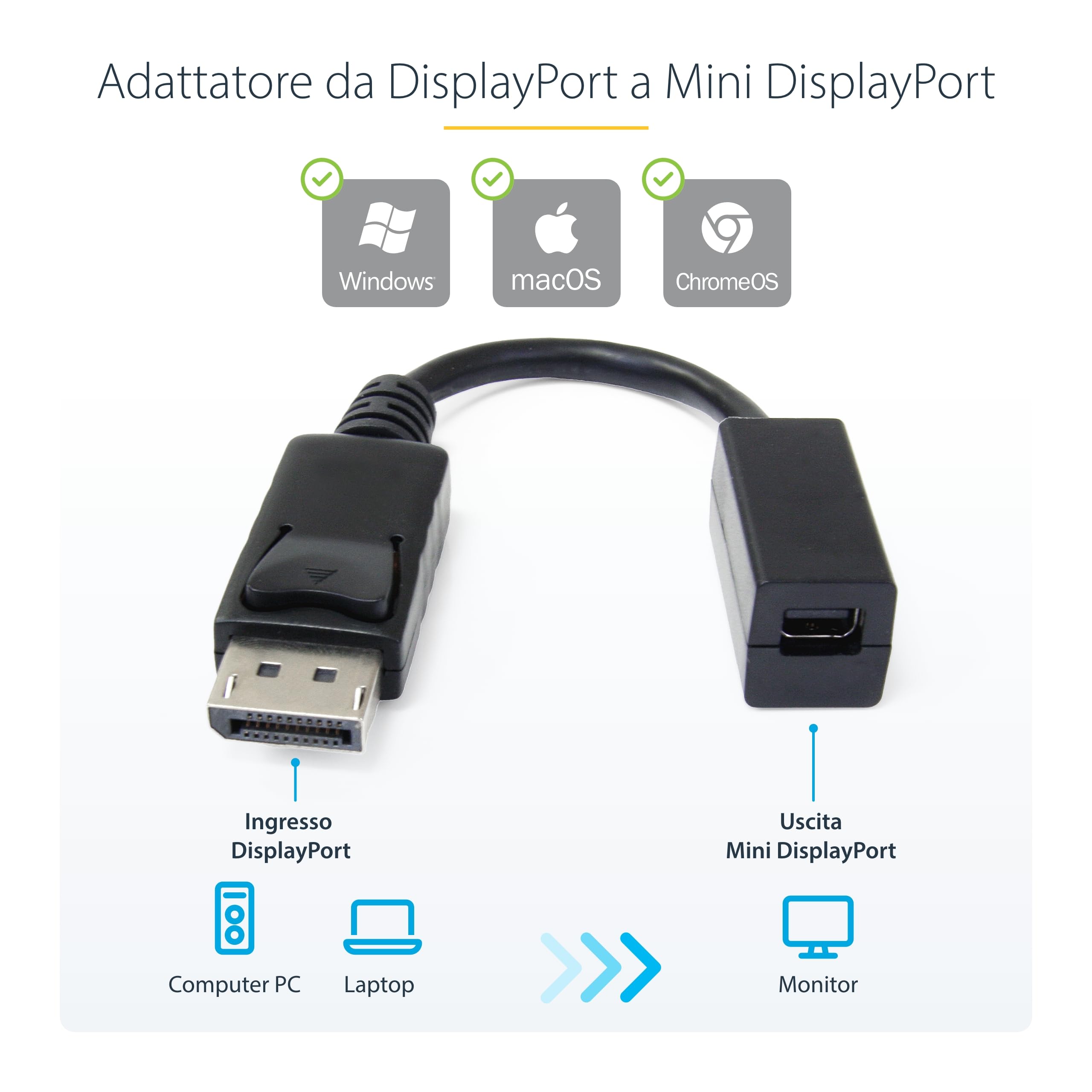 StarTech Cavo Adattatore da DP a Mini DisplayPort 15cm, 4K (DP2MDPMF6IN) | Da DP Maschio a Mini DP Femmina, Prolunga Monitor DP 1.2