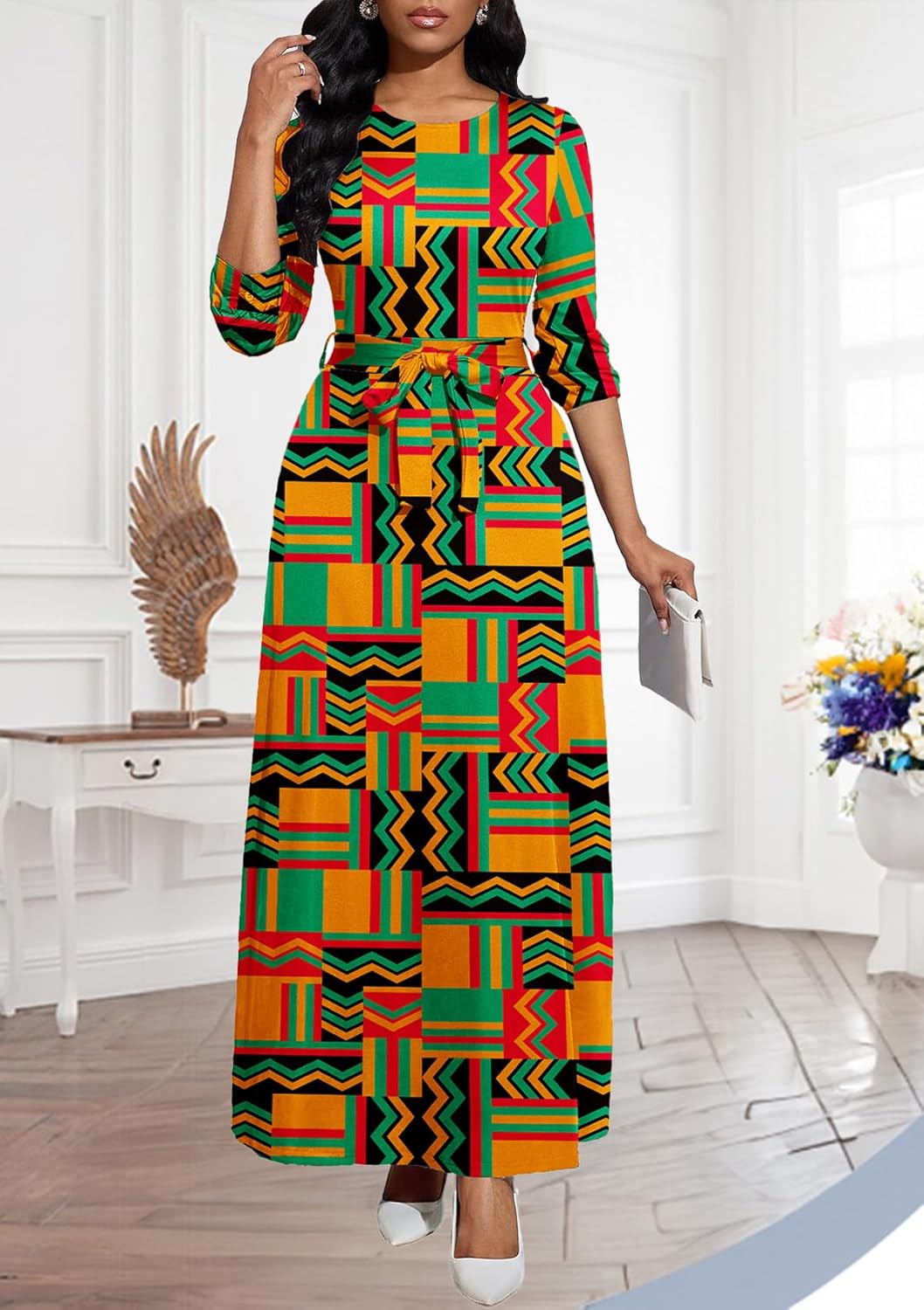 Long Dress for Women Casual Long Sleeve Dresses Maxi Dress Empire Waist Loose with Belt - Image 3