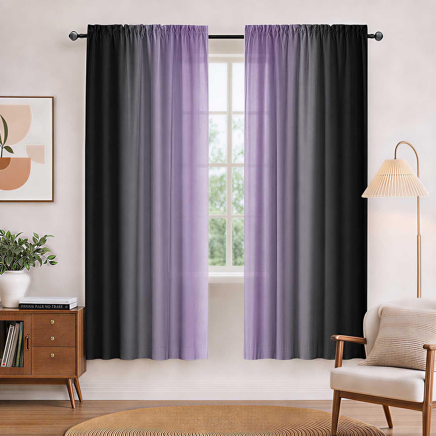 XFLINGBAO Purple and Black Curtains for Living Room 63 Inch Length Ombre Curtains 2 Panel Bedroom Black and Purple Curtains Rod Pocket Light Filtering Window Curtain Modern Gradient Drapes — image 1