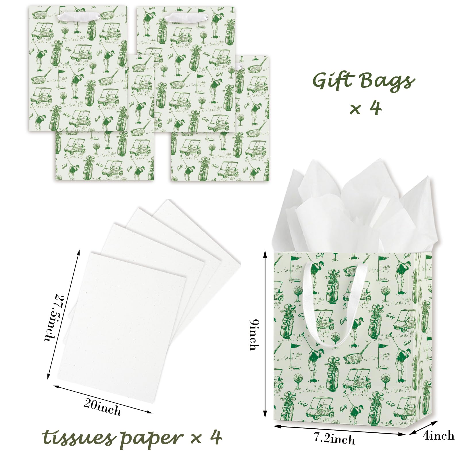 wjrsxilt Golf Party Gift Bags Set of 4 - Medium Sized 9" Gift Bags with Handles incl for Sports Party Favors - Reusable & For Presents of Any Birthday, Valentine's Day, Holiday for Kids Men