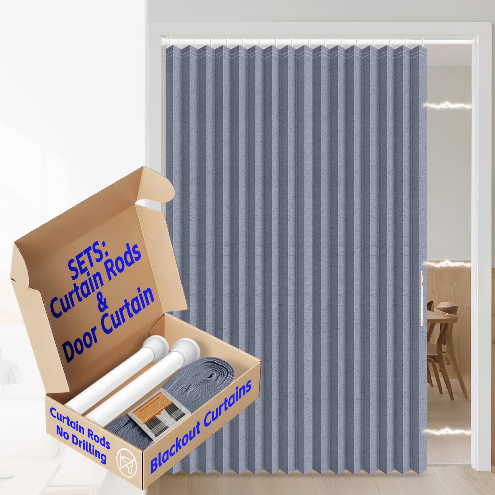 AJAZZ Blackout Accordion Door Curtain with Curtain Rods Adjustable 28-63" Long Invisible Accordion Doors Interior for Bedroom Living Room Doorway Curtain Sets (1 Pack, 72 W x 78 L, Dark Blue)