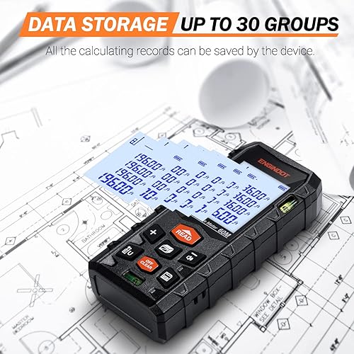 Miniatura 5 de ENGiNDOT - Medidor láser digital de distancia de 196 pies, con 2 niveles de burbujas, interruptor de Mpulgadaspiepie+in, impermeable IP54 y a prueba