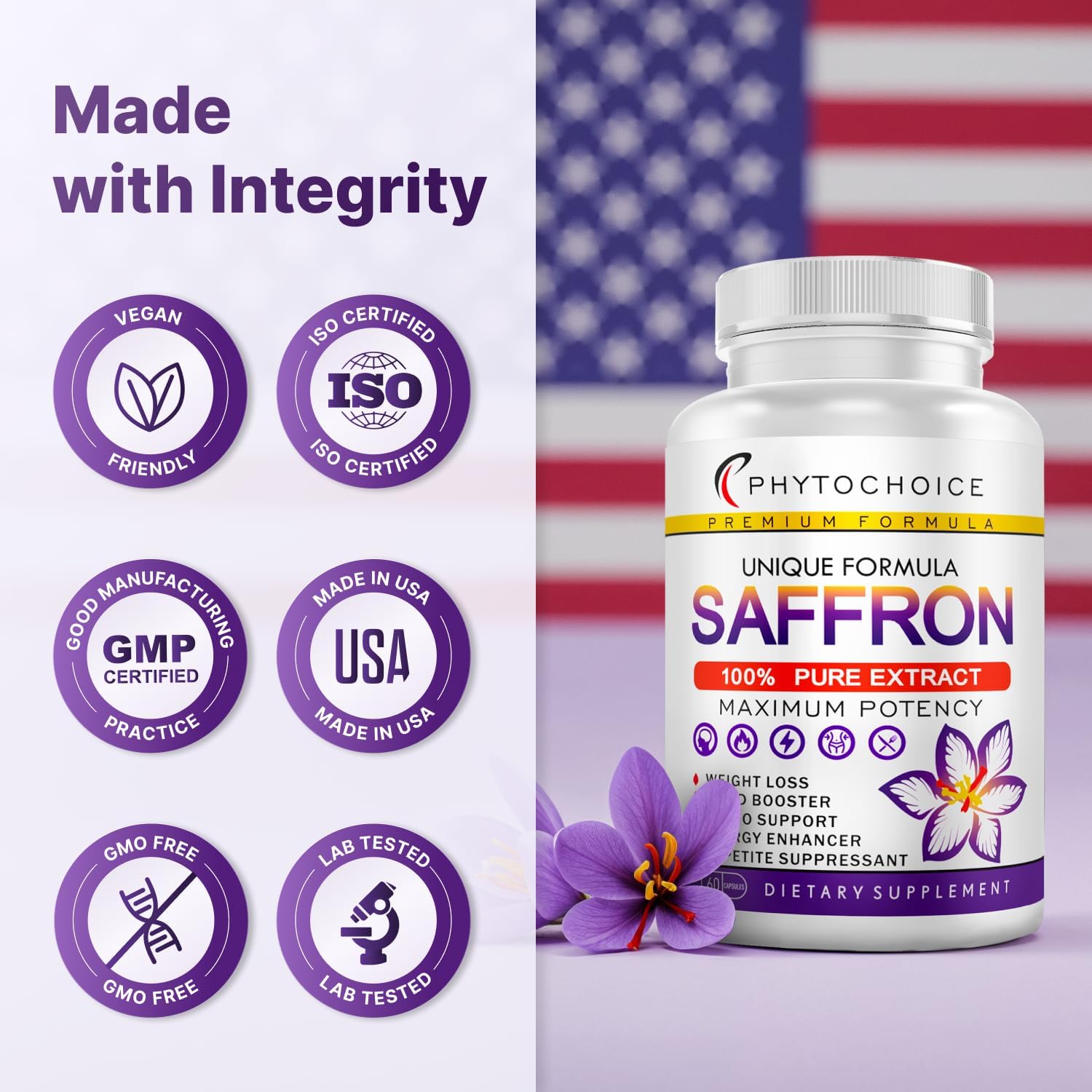 Saffron Supplements - 100% Pure Saffron Extract Capsules - Boost Energy & Mood, Support Eye & Heart Health, Focus, Vision - Pure Saffron Extract 88.5 mg - Made in USA for Women & Men - 90 Capsules - Image 7