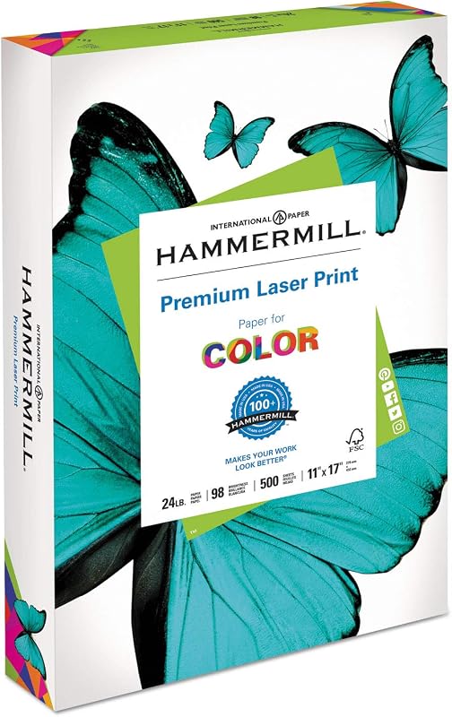 Hammermill 104620 Papel de oficina para impresión láser, brillo 98, 24 lb, 11 x 17, blanco, 500 hojas/resma