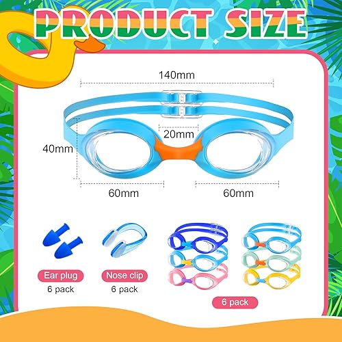Miniatura 2 de Macarrie 6 gafas de natación para niños, sin fugas, antiniebla, para niños y niñas, con clip para la nariz, tapones para los oídos, de 3 a 14 años