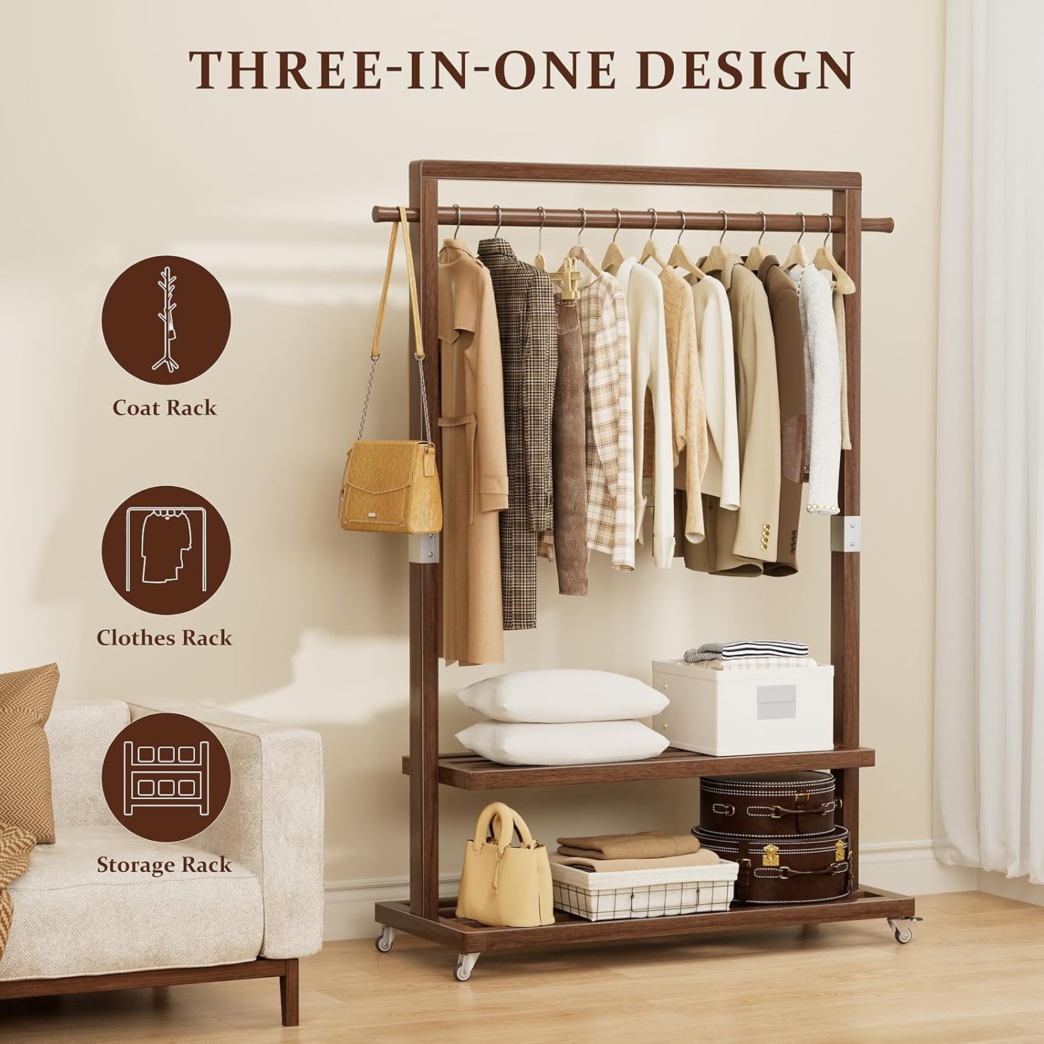 Solid Wood Clothes Rack with Wheels | 3-in-1 Freestanding Garment Rack & Coat Tree, Extra-Long Rod, Two Shelves, 220 lb Load | Organizer for Bedroom & Entryway - Image 6