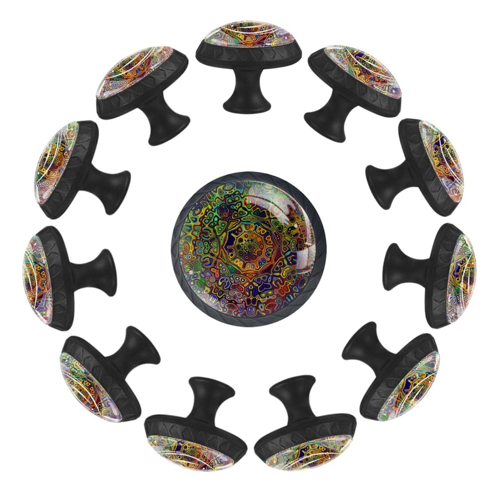 Boutons de tiroir ronds mandala fractal colorés en verre de 35 mm x12