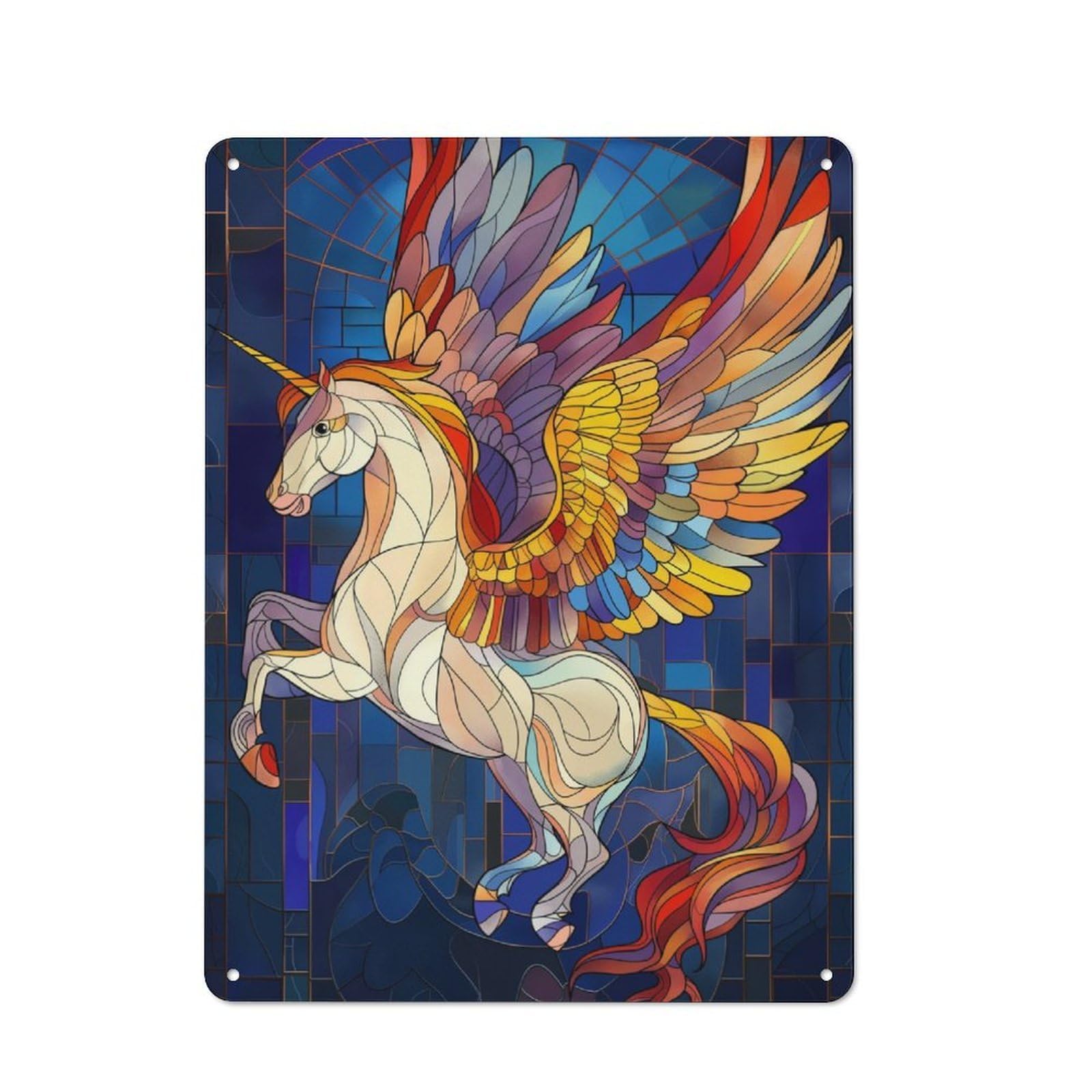 Industrial Tin Wall Sign 40x30cm Featuring Pegasus Stained Glass, Urban Room Decor for Workspace, Cafe, Hallway Or Garage