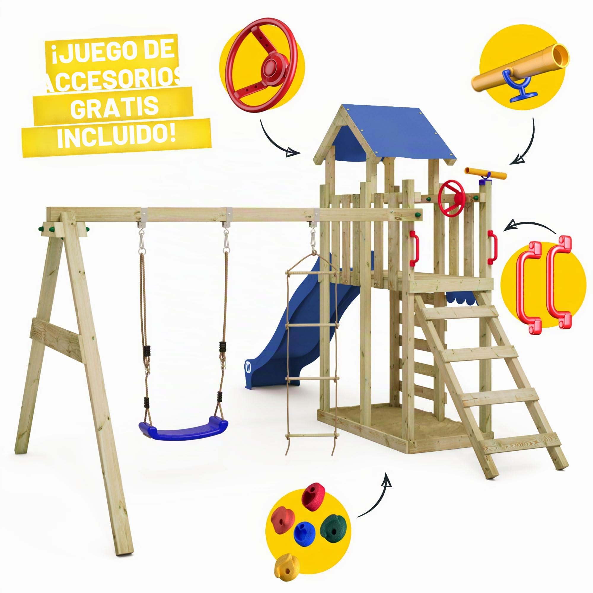 Wickey Torre de juego para escalada MultiFlyer Light, columpio y tobogán verde, torre de escalada para niños al aire libre con caja de arena, escalera y accesorios de juego para el jardín