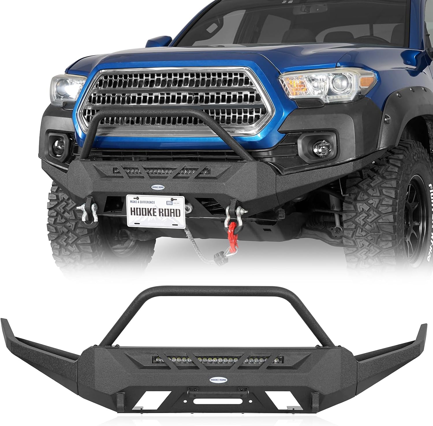 Hooke Road Explorer Front Bumper for 2016-2023 Toyota Tacoma 3rd Gen Pickup, Offroad Rock Crawler Bumper with Winch Plate, Skid Plate and Bull Bar
