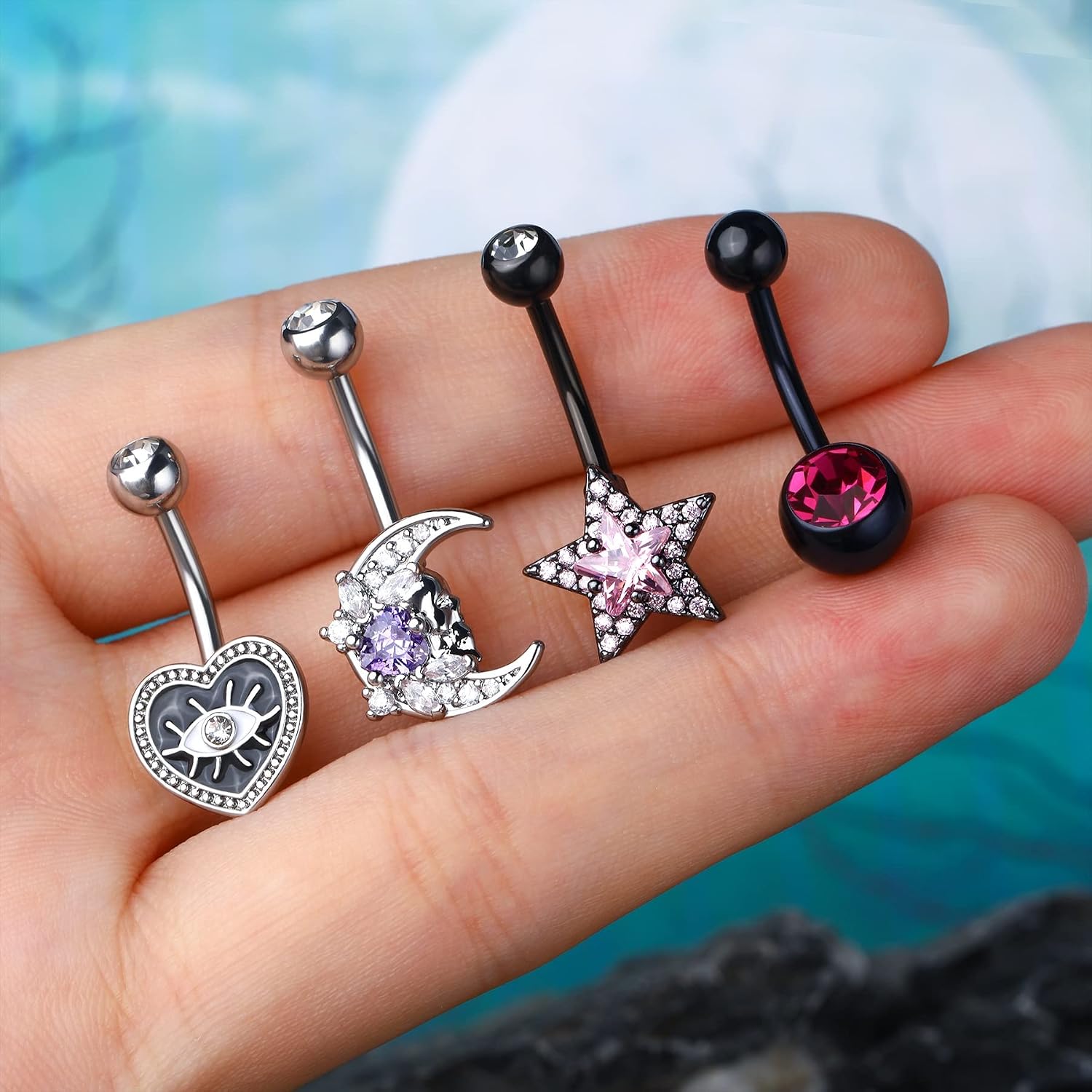 COCHARM 4Pcs Halloween Black Pink Belly Button Rings Black Heart Belly Piercing Jewerly Star Navel Rings 14g Goth Moon Navel Jewelry