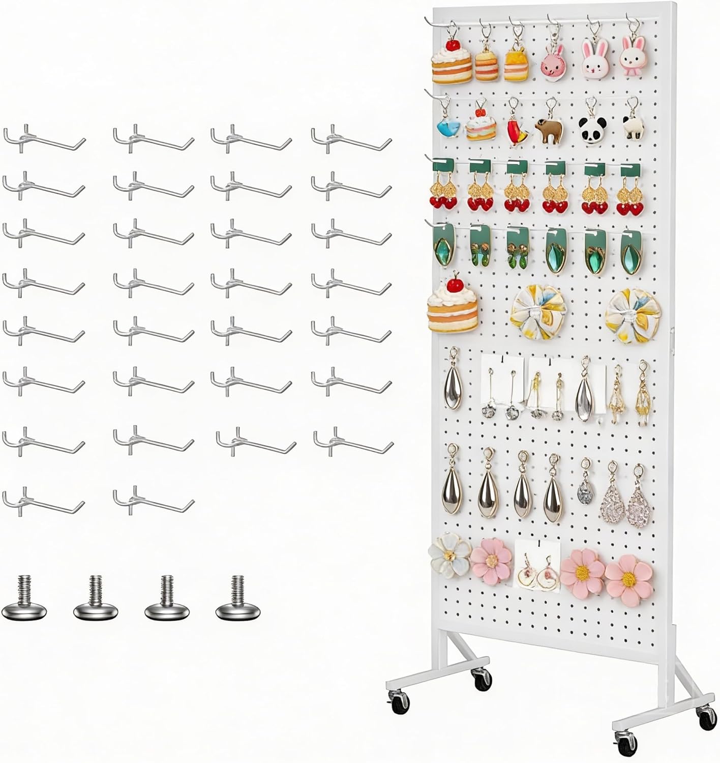 Peg Board Display Stand 24" X70” Metal Pegboard on Wheels Heavy Duty Standing Rack Organizer Panels Units with 30 Hooks and T-Base for Ornament Retail & Vendors Craft Show Store Display