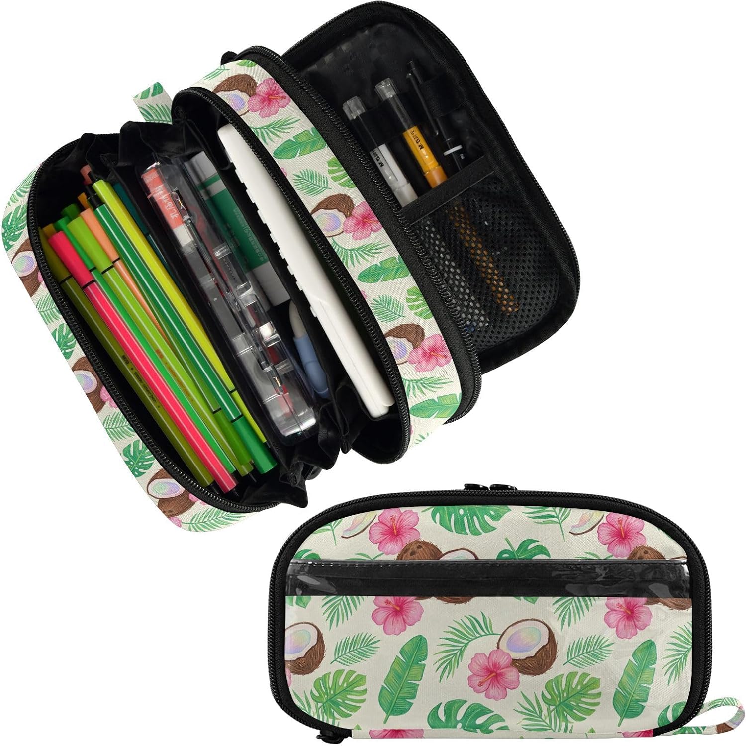 ALAZA Tropical Coconut Pattern Large Capacity Pencil Case, Aesthetic Stationery Organizer Bag with Clear PVC Window, High Capacity Pen Pouch with Dividers for School Office Travel image 2