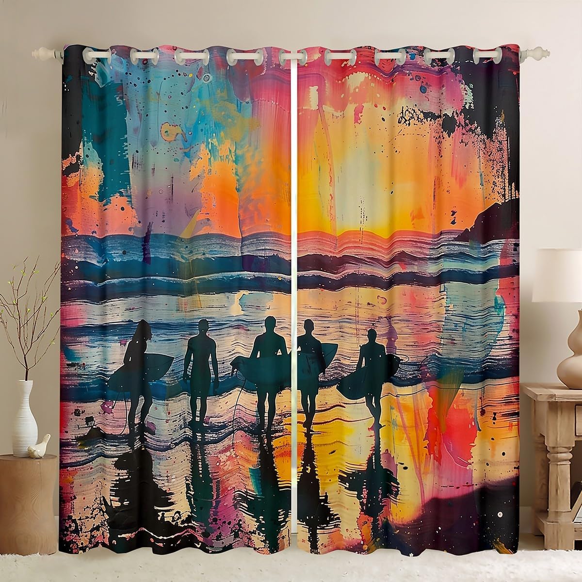 Erosebridal Surfer Curtains & Drapes,Coastal Beach Surf Window Curtains,Surfboard Surfing Window Treatments for Women Men Adults,Hawaiian Vintage Sunset Bedroom Decor,2 Panels 52" Wx84 L