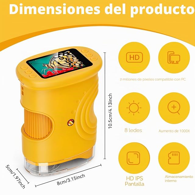 Foto 3 de 7 de Microscopio para Niños, Microscopio Digital, Pantalla IPS de 2.0'', 50-1000x, 8 Luces LED, USB Recargable