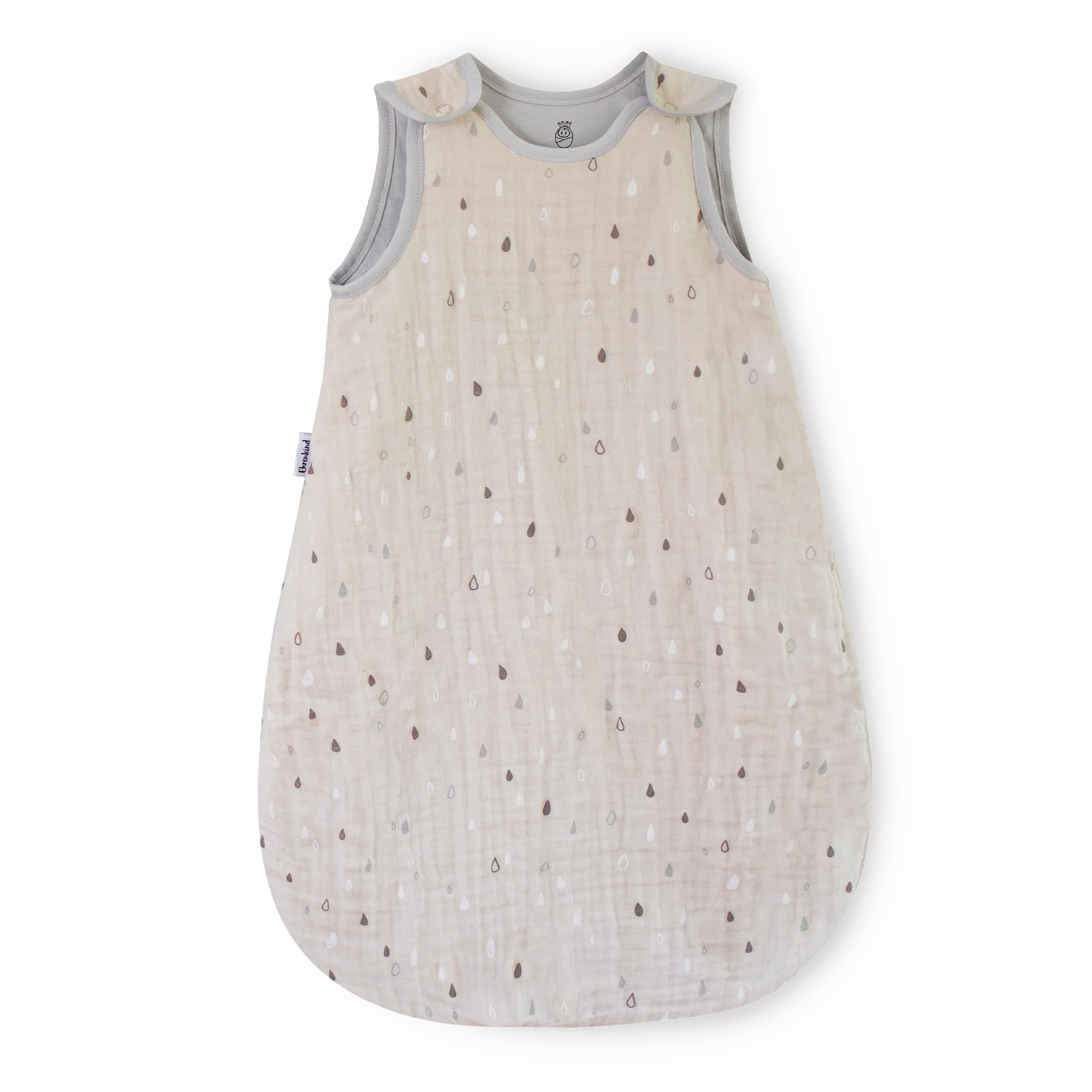 Ehrenkind® Baby Sommerschlafsack Rund Musselin | aus weicher OEKO-TEX zertifizierter Bio-Baumwolle | Sommer Baby Schlafsack Baby 1 TOG Gr. 50/56 Natur-Graue Tropfen