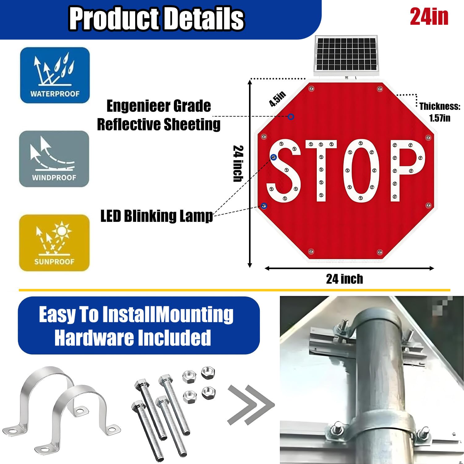 Señales de tráfico LED Intermitentes de 24"/30", señal de tráfico Octagonal de Aluminio, película Reflectante de Grado Industrial, para señales de tráfico iluminadas con luz LED. 24IN-2