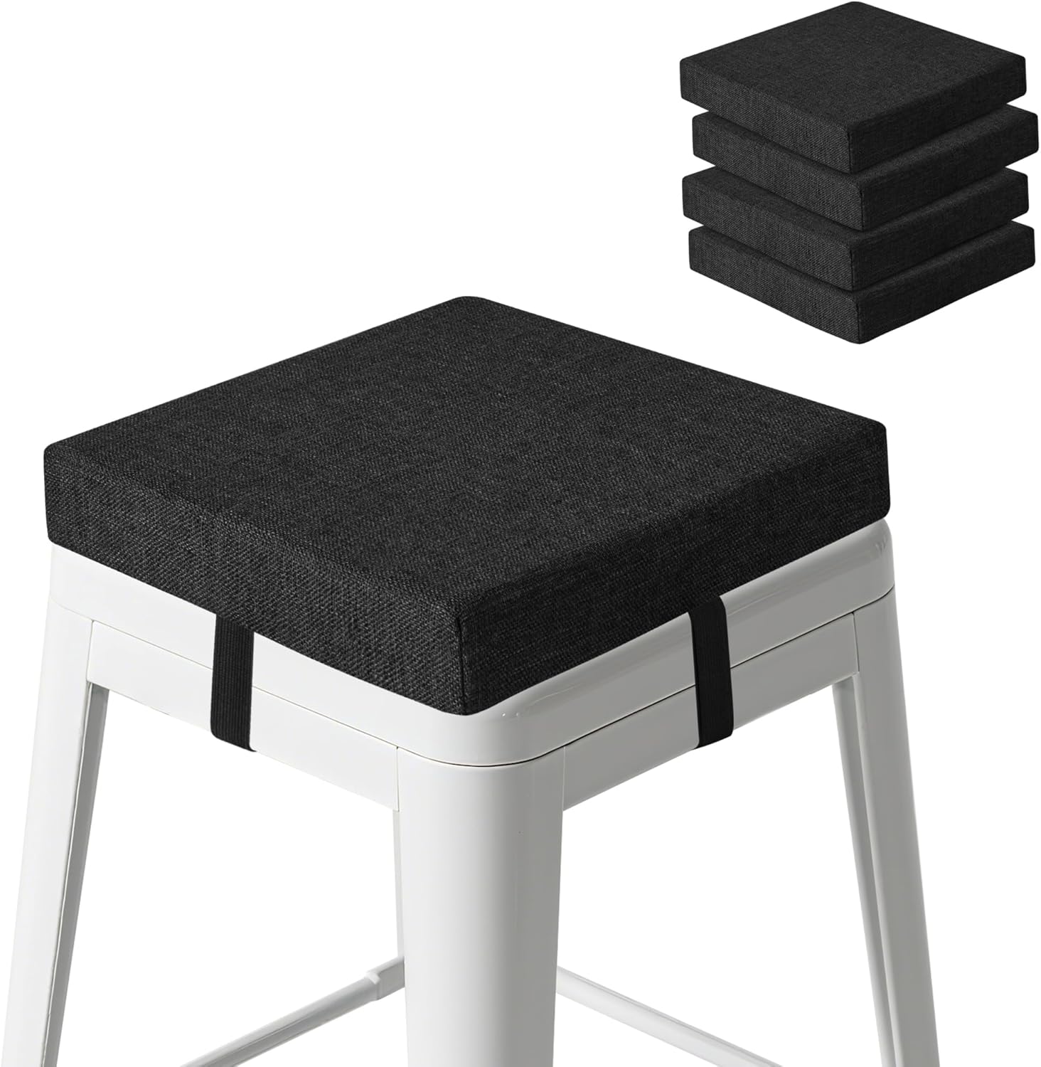 Bar Stool Cushions Set of 4 Square Stool Cushion Thick Non Slip Chair Pads with Ties and Washable Cover 12" X 12" Black