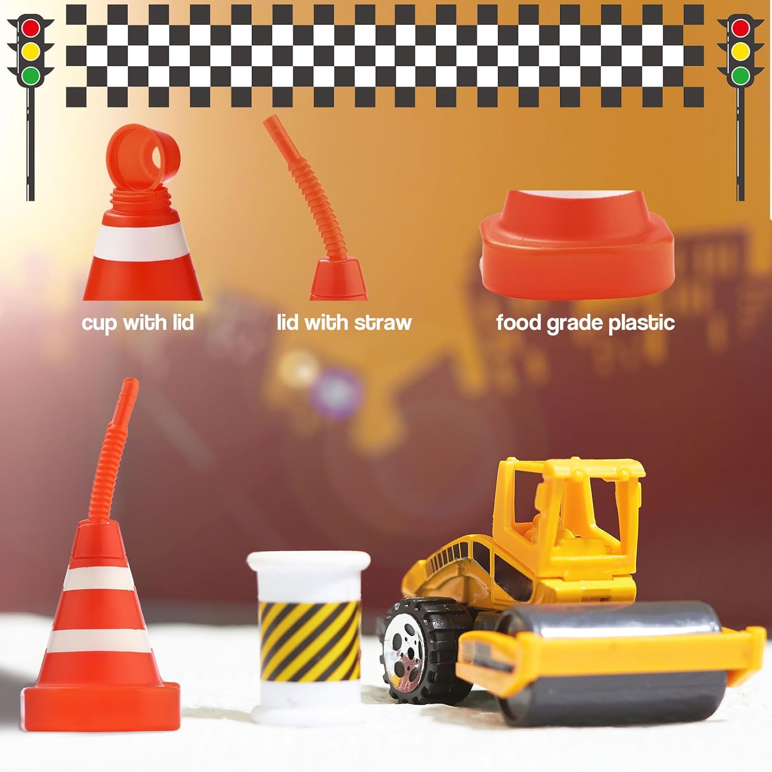 ALINK 12 Pack Construction Cone Cups with Straws, 10 oz Race Car Traffic Cones Party Favor Cups, Construction Traffic Theme Racing Car Hotwheels Birthday Party Supplies